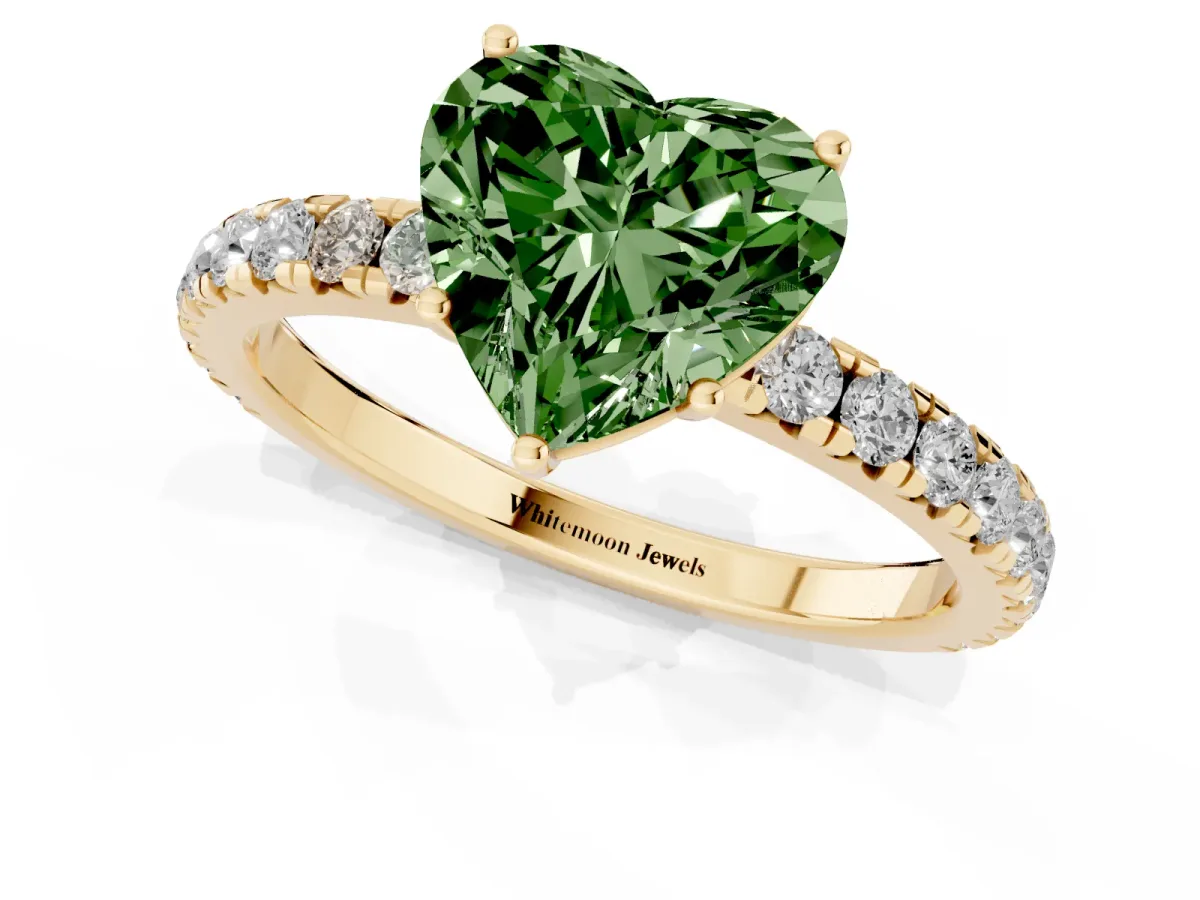 Fancy Green Heart Cut Diamond Pavé Solitaire Engagement Ring with Four-Prong Setting Yellow gold