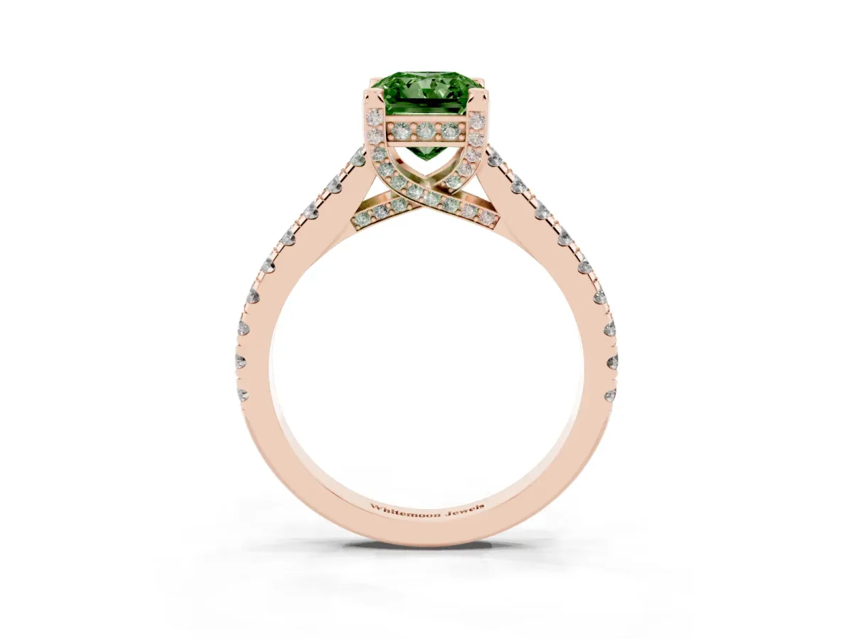 Fancy Green Radiant Cut Brilliant Diamond Solitaire with Pavé Band and Four-Prong Setting Rose gold