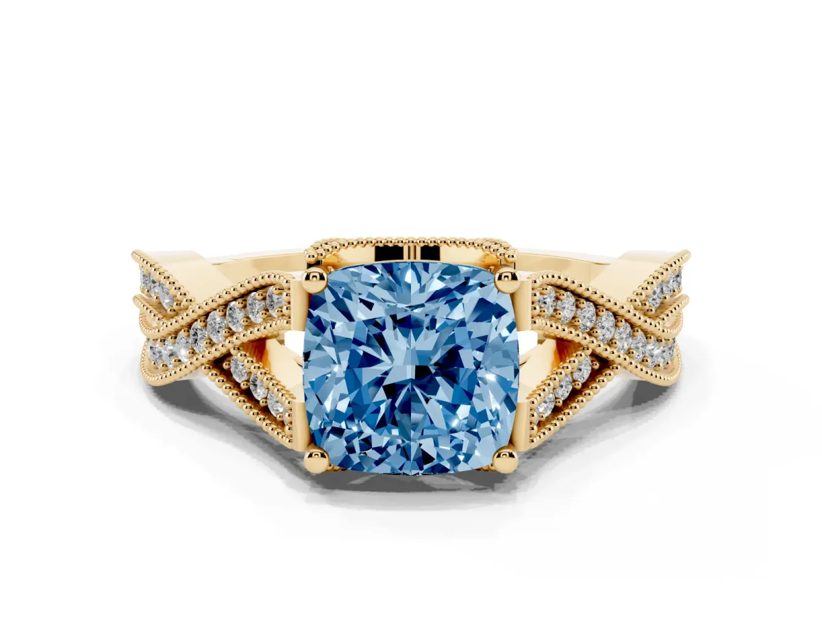 Fancy Blue Cushion Cut Cut Diamond Twisted Band with Milgrain Pave Setting and Four-Prong Setting Yellow gold