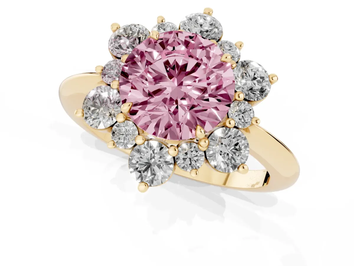 Fancy Pink Round Cut Diamond Cluster Halo Ring with Solitaire Band and Four-Prong Setting Yellow gold