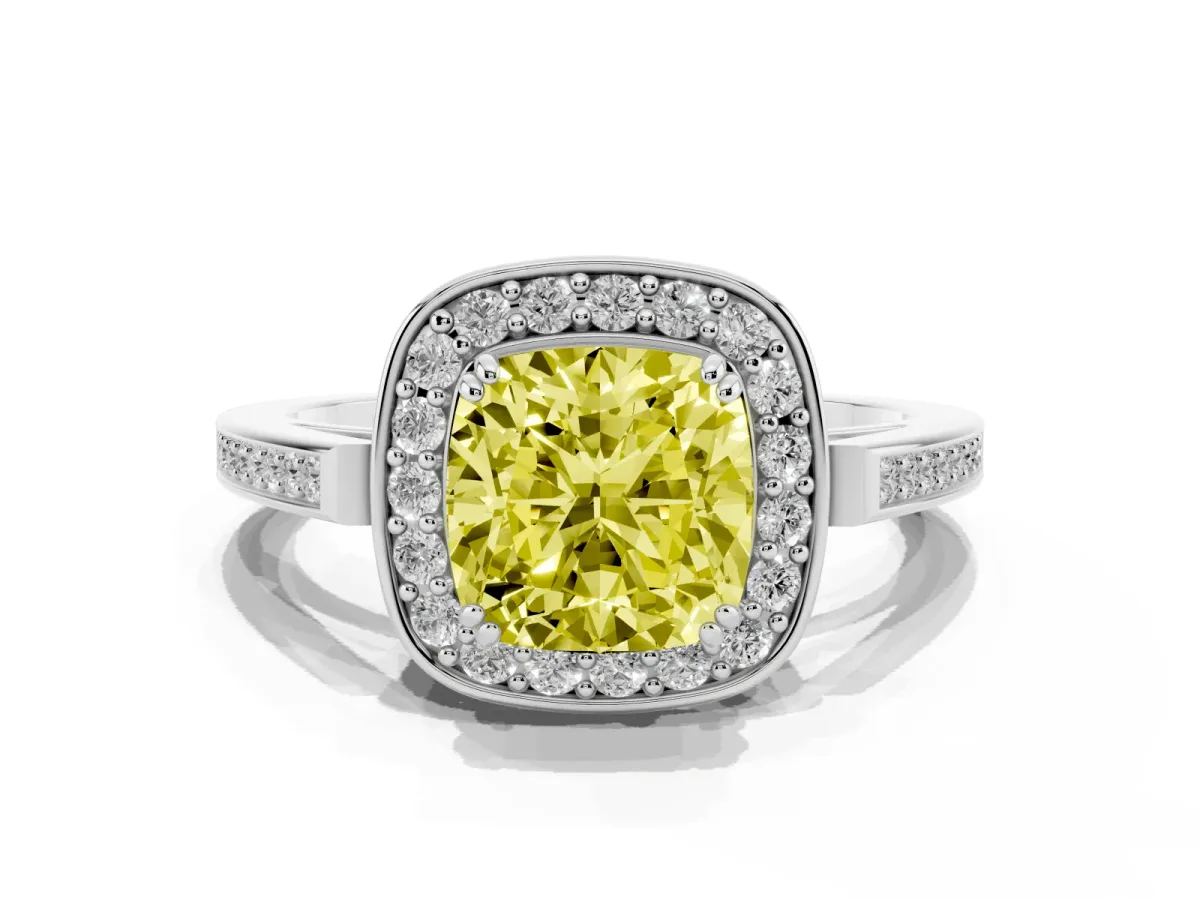 Fancy Yellow Cushion Cut Diamond Halo Ring with Split Shank and Four-Prong Setting Platinum