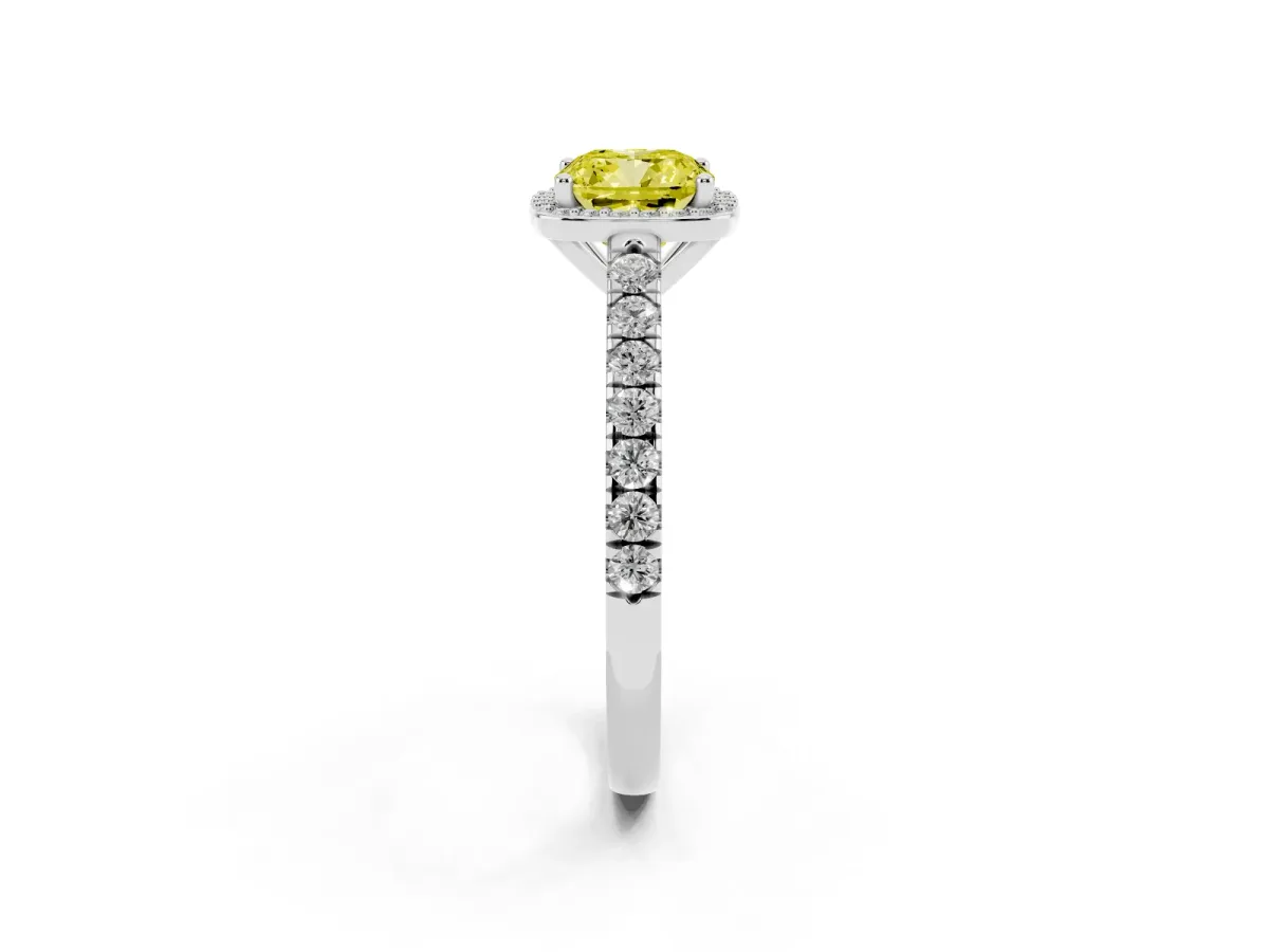 Fancy Yellow Cushion Cut Cut Halo Diamond Engagement Ring with Pave Band and Four-Prong Setting Silver