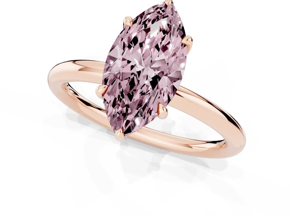 Fancy Pink Marquise Cut Diamond Solitaire Ring with Thin Band and Four-Prong Setting Rose gold