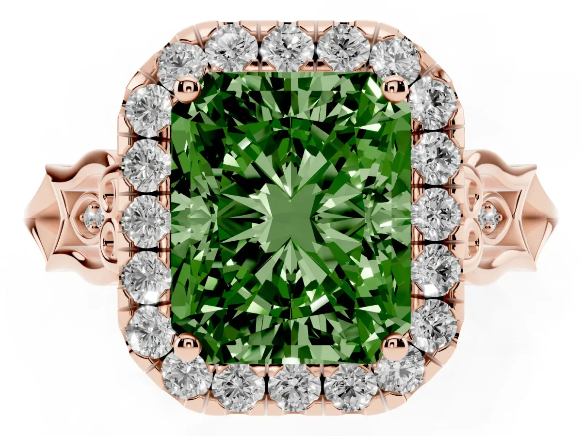 Fancy Green Radiant Cut Halo Diamond Engagement Ring with Filigree Band and Four-Prong Setting Rose gold
