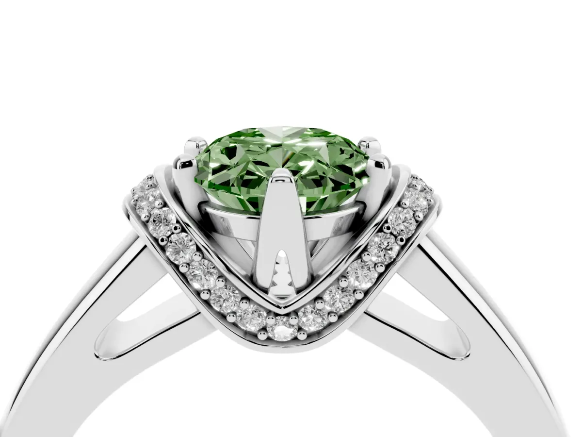 Fancy Green Oval Cut Solitaire Diamond Ring with Pave Band and Six-Prong Setting Silver