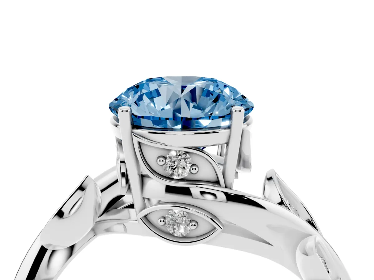 Fancy Blue Round Cut Solitaire Twist Engagement Ring with Leaf Accents and Prong Setting Silver