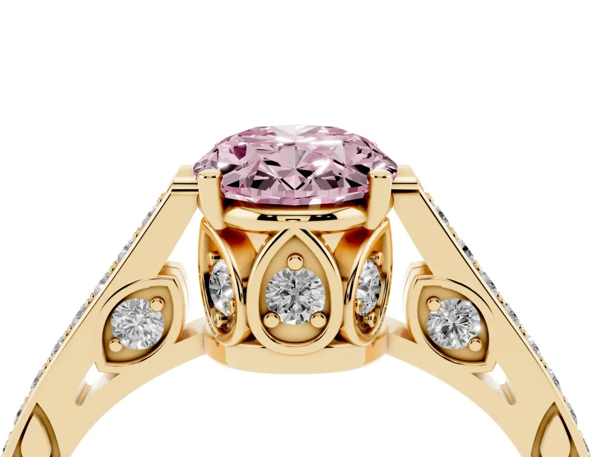 Fancy Pink Oval Cut Cut Cathedral Pave Diamond Engagement Ring with Six-Prong Setting Yellow gold