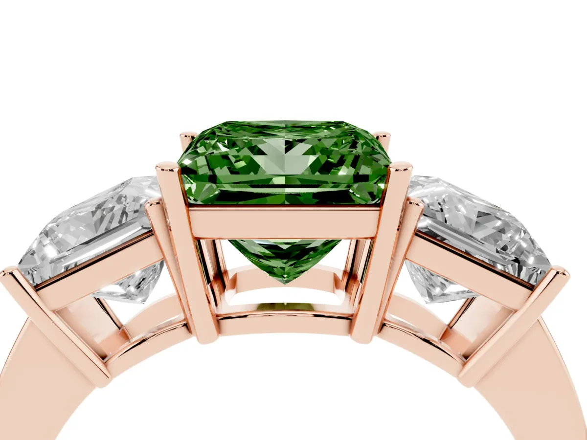 Fancy Green Three-Stone Princess Cut Cut Diamond Engagement Ring with Flat Band and Four-Prong Setting Rose gold