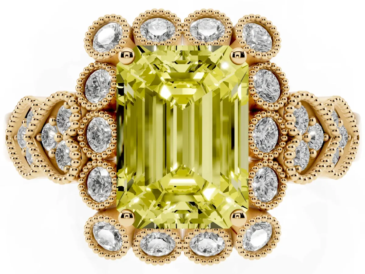 Fancy Yellow Emerald Cut Brilliant Milgrain Pave Heart Band Solitaire Ring Yellow gold