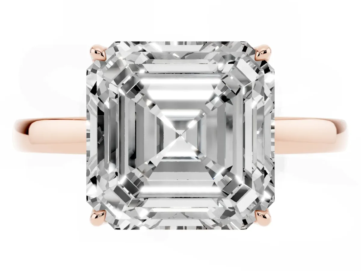 Asscher Cut Diamond Solitaire Ring with Thin Band and Prong Setting Rose gold