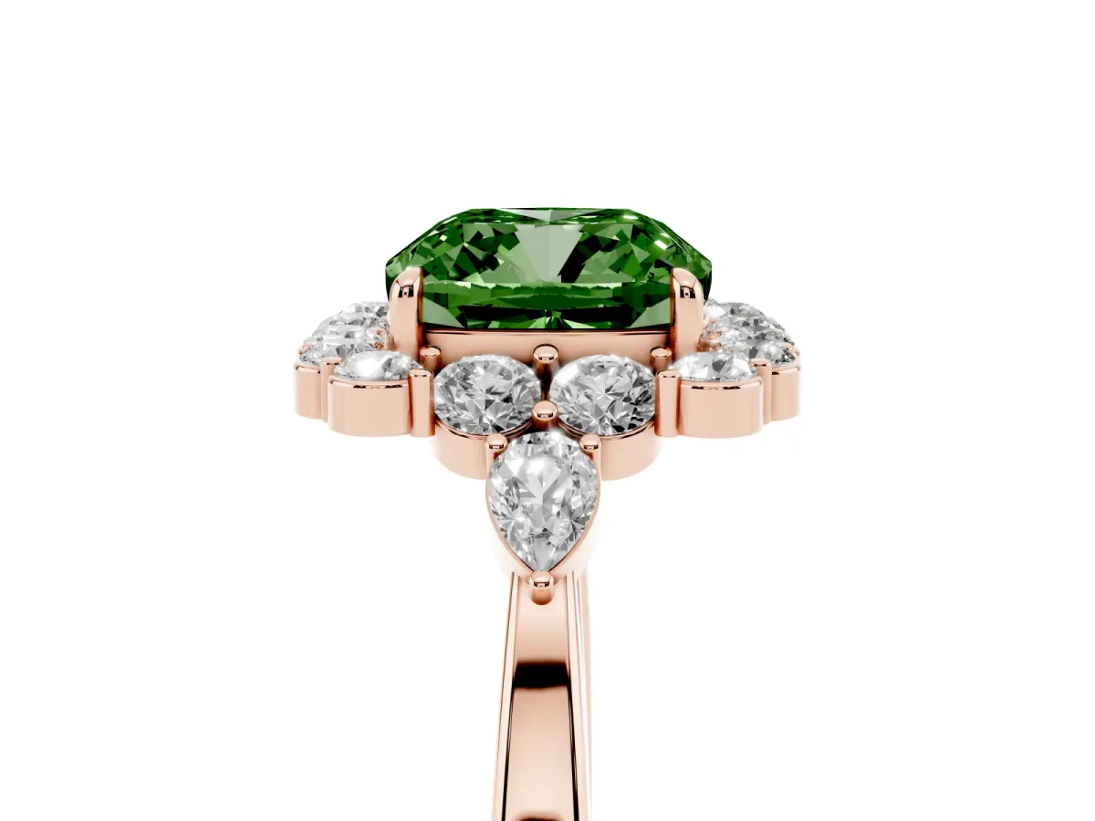Fancy Green Cushion Cut Diamond Halo Ring with Pear Side Stones and Prong Setting Rose gold