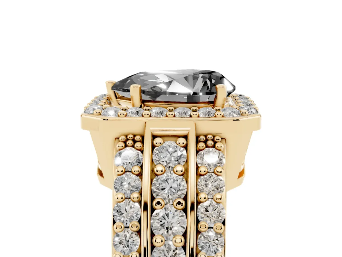 Fancy Black Pear Cut Halo Diamond Ring with Round Split Shank and Prong Setting Yellow gold