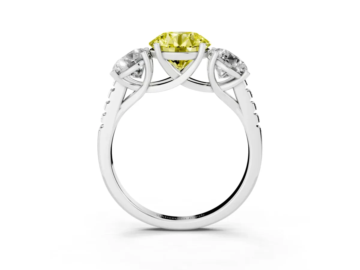 Fancy Yellow Three-Stone Round Cut Diamond Ring with Round Pavé Band and Prong Setting Silver