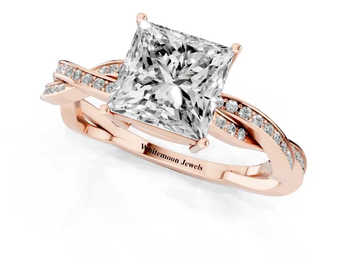 Princess Cut Solitaire Twisted Pave Diamond Ring with Four-Prong Setting Rose gold