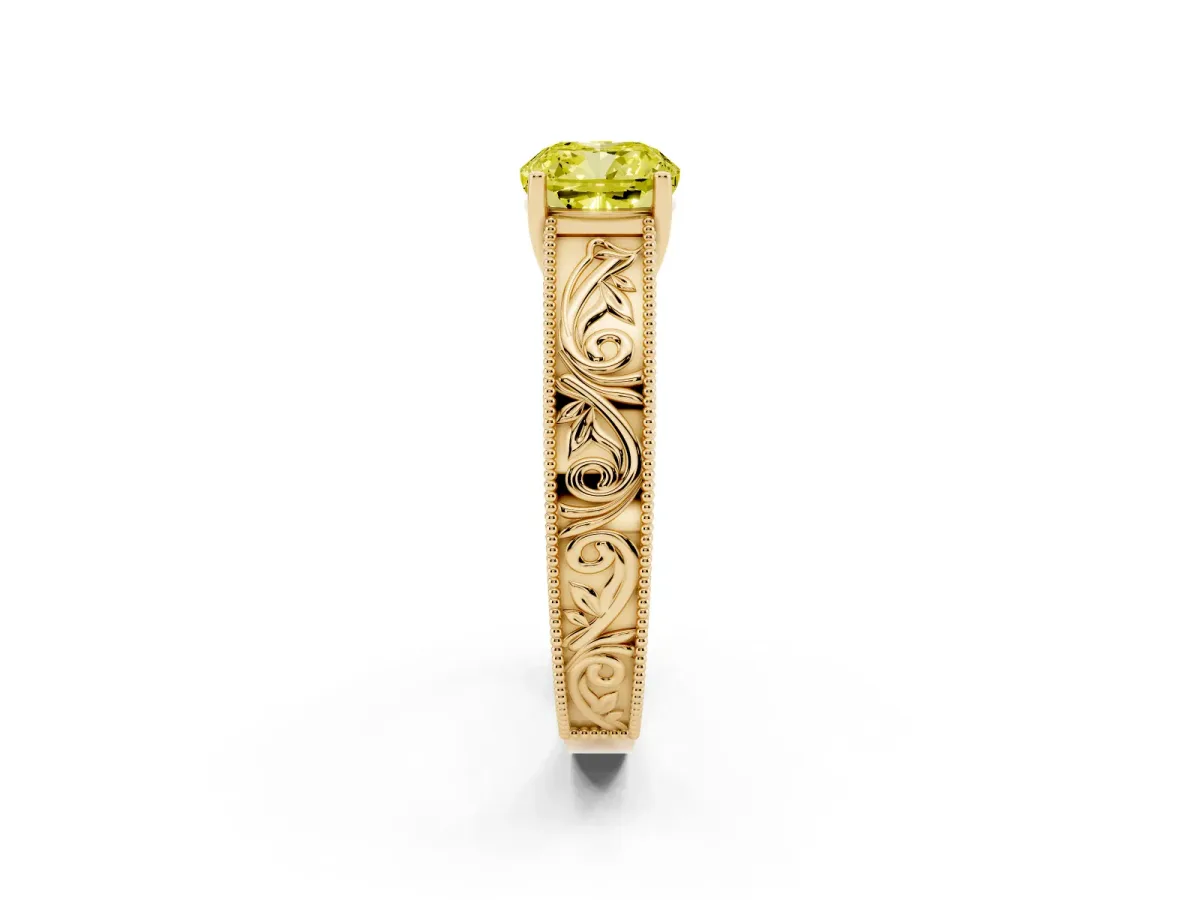 Fancy Yellow Cushion Cut Diamond Solitaire Ring with Engraved Band and Four-Prong Setting Yellow gold
