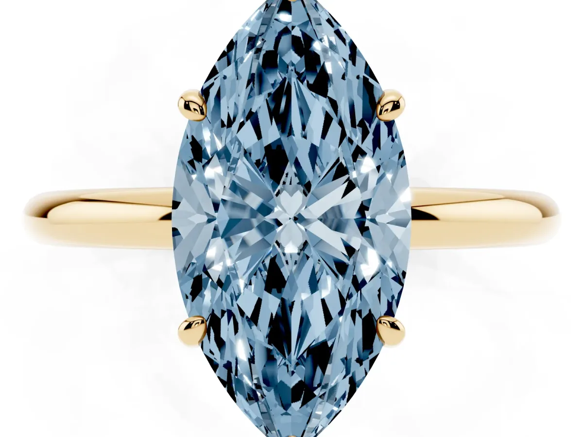 Fancy Blue Marquise Cut Solitaire Diamond Ring with Four-Prong Setting on a Plain Band Yellow gold