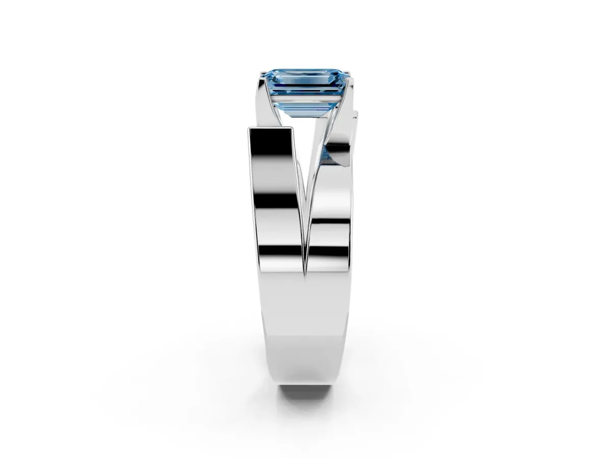 Fancy Blue Modern Tension Set Emerald Cut Diamond Solitaire Wide Band Ring Silver