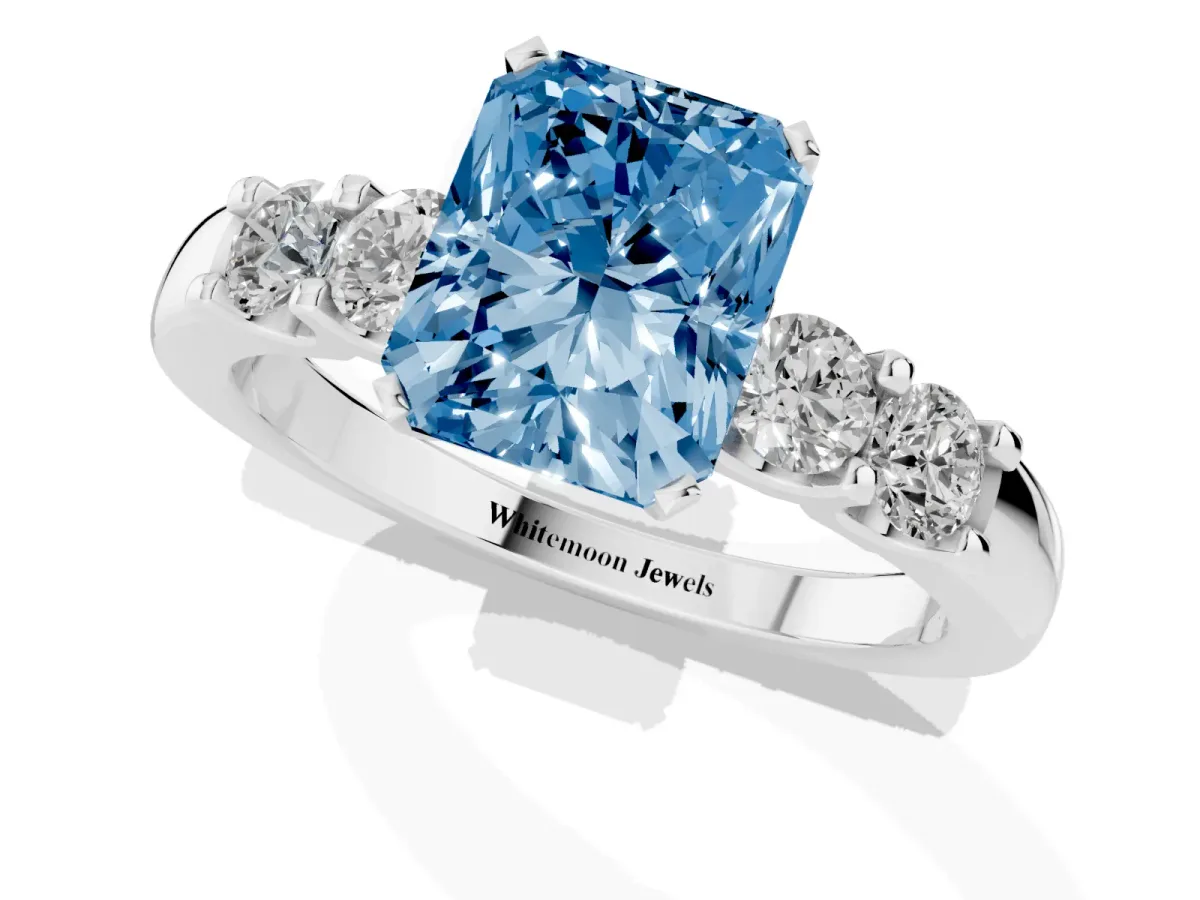 Fancy Blue Radiant Cut Brilliant Cut Diamond Five-Stone Prong Set Engagement Ring with Channel Band White gold