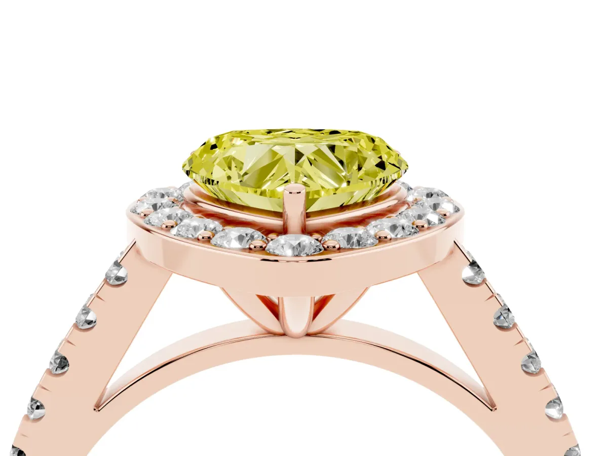Fancy Yellow Heart Cut Diamond Halo Ring with Round Pavé Split Shank and Prong Setting Rose gold