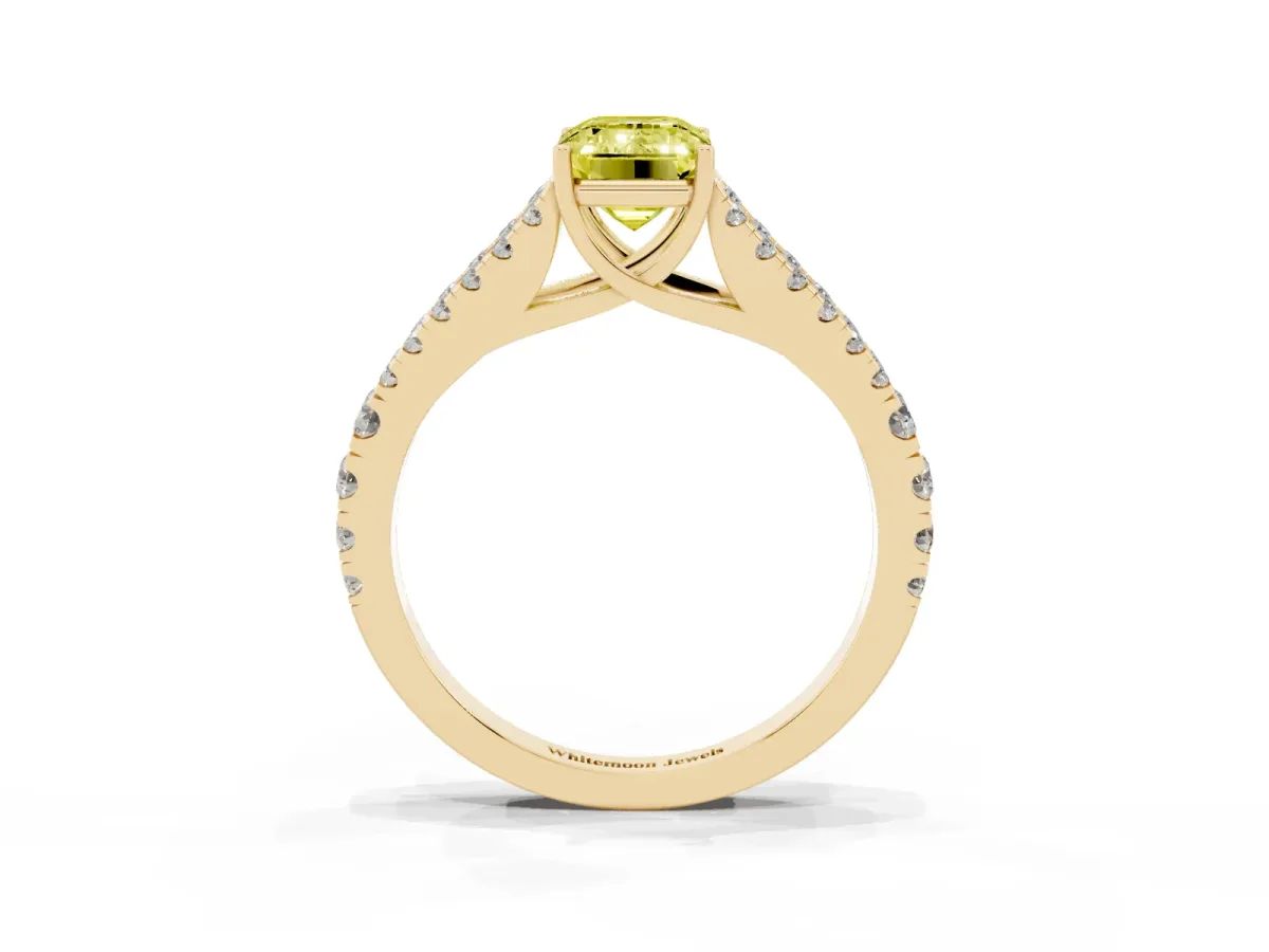 Fancy Yellow Emerald Cut Diamond Split Shank Engagement Ring with Round Pavé and Prong Setting Yellow gold