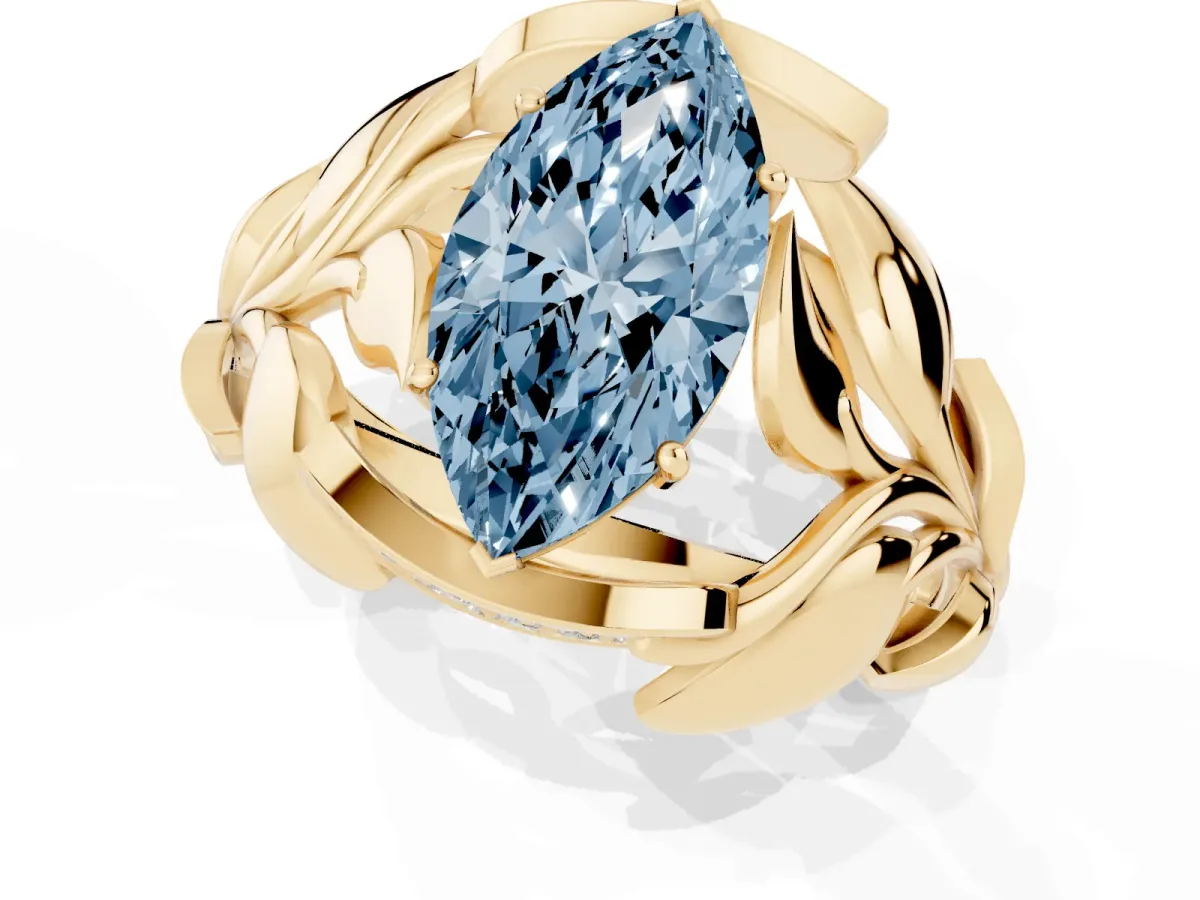 Fancy Blue Marquise Cut Diamond Leaf-Inspired Engagement Ring with Round Accents and Prong Setting Yellow gold