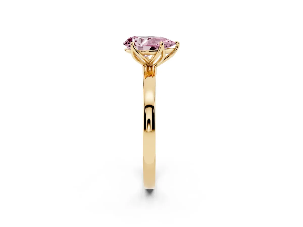 Fancy Pink Pear Cut Diamond Solitaire Ring with Thin Band and Prong Setting Yellow gold