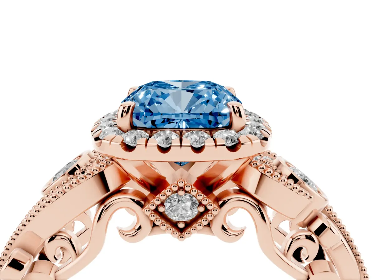 Fancy Blue Cushion Cut Diamond Halo Ring with Milgrain Pavé Band and Four-Prong Setting Rose gold