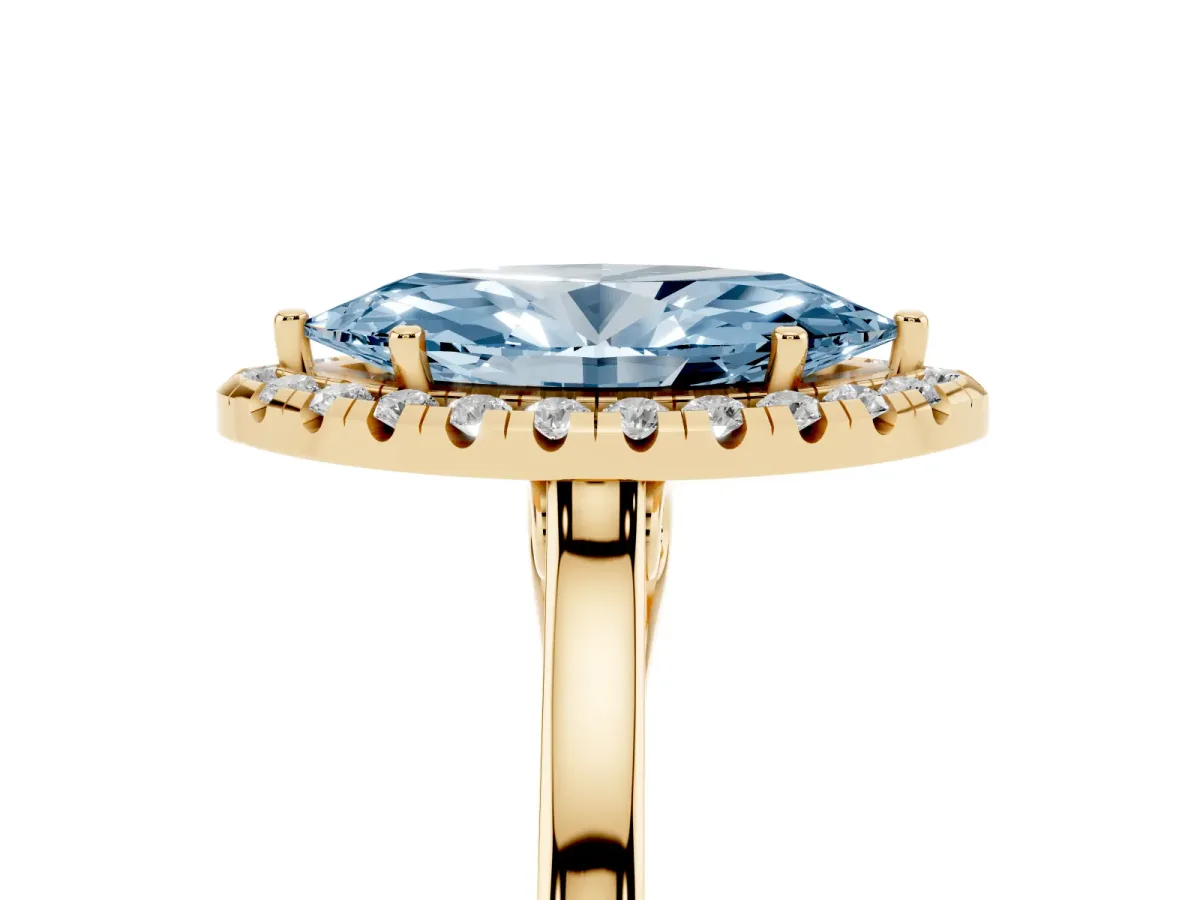 Fancy Blue Marquise Cut Halo Round Diamond Solitaire Ring with Pavé Band and Four-Prong Setting Yellow gold