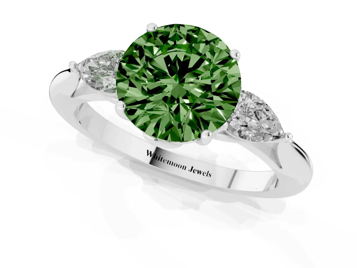Fancy Green Round Cut Diamond Three-Stone Ring with Pear Side Stones and Prong Setting Platinum