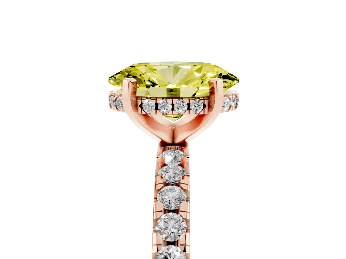Fancy Yellow Oval Cut Diamond Solitaire Ring with Round Pavé Band and Four-Prong Setting Rose gold