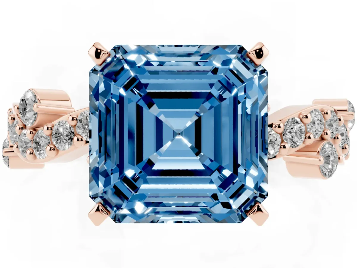 Fancy Blue Asscher Cut Cut Solitaire Diamond Twisted Band with Pave Setting Rose gold