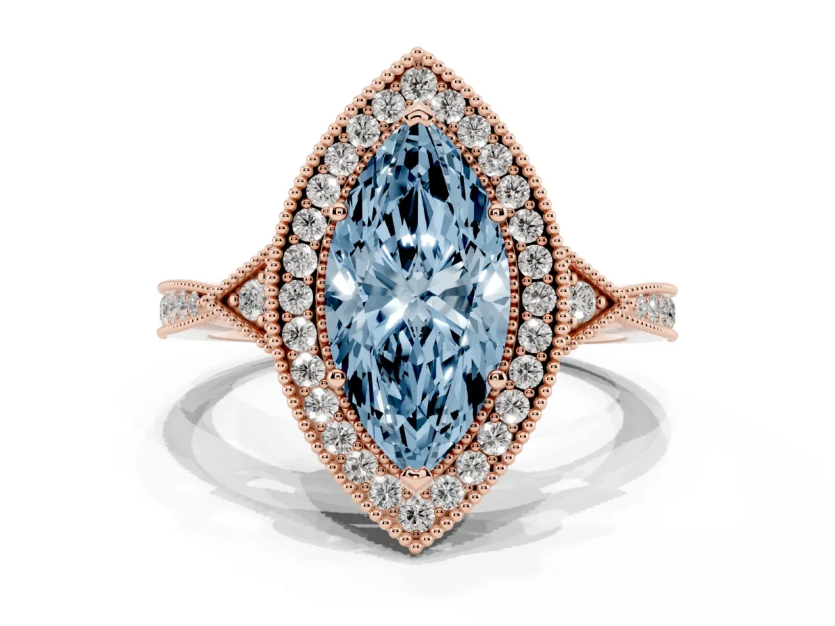 Fancy Blue Marquise Cut Halo Round Diamond Milgrain Pave Engagement Ring Rose gold