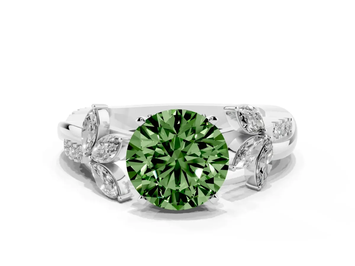 Fancy Green Round Cut Diamond Floral Vine Solitaire Engagement Ring Platinum