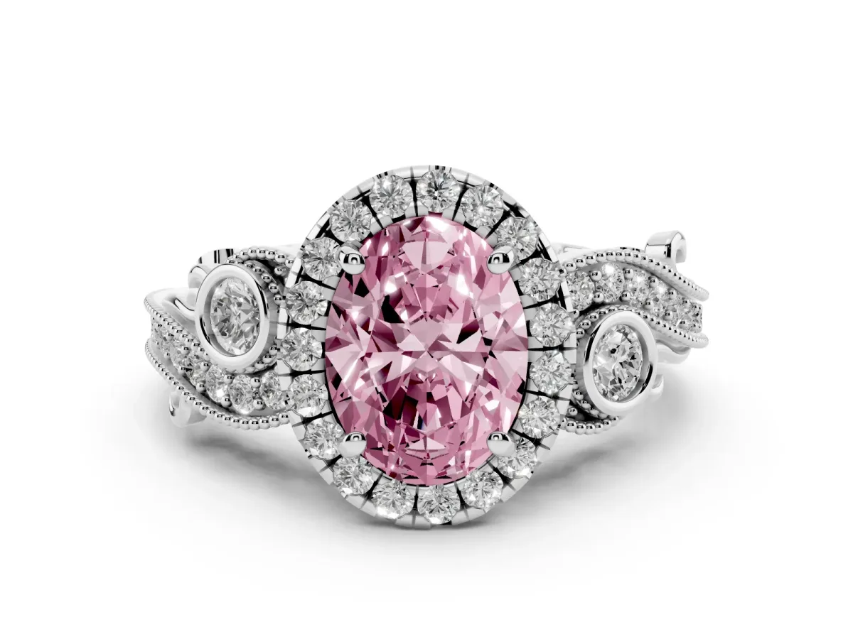 Fancy Pink Oval Cut Diamond Halo Ring with Milgrain Pavé Band and Four-Prong Setting Silver