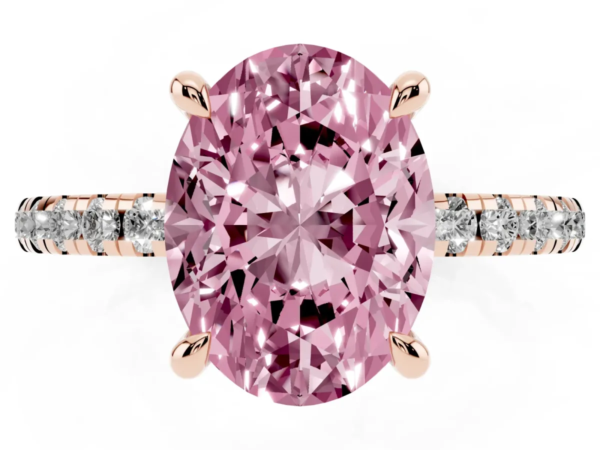 Fancy Pink Oval Cut Diamond Brilliant Solitaire Ring with Pavé Band and Four-Prong Setting Rose gold