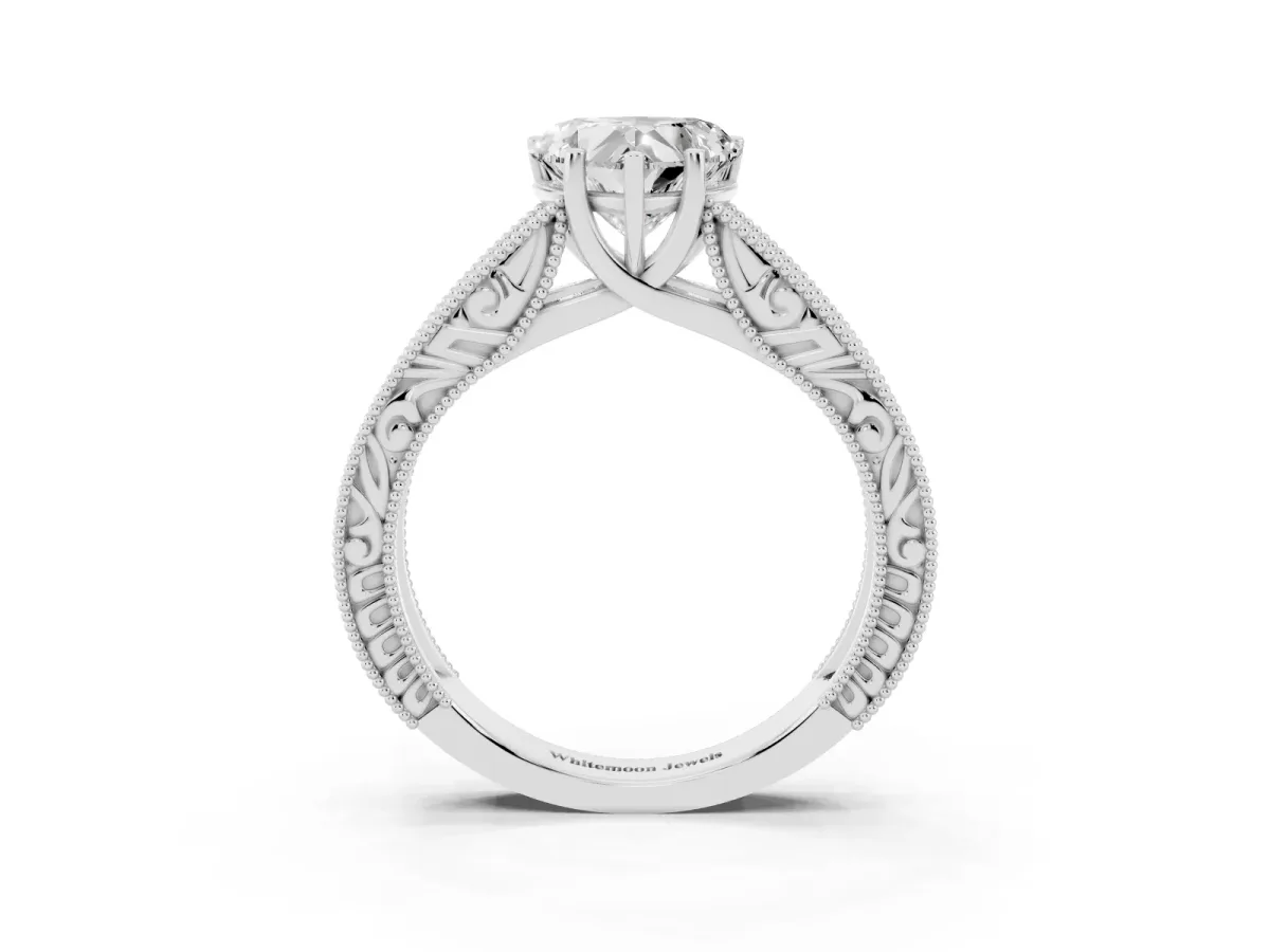 Heart Cut Diamond Solitaire Ring with Engraved Band and Four-Prong Setting White gold