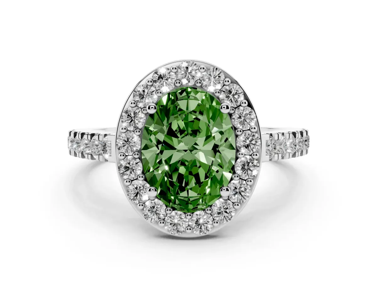 Fancy Green Oval Cut Diamond Halo Ring with Round Pavé Split Shank and Prong Setting Silver
