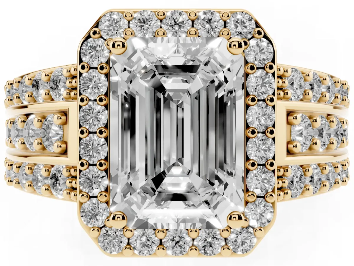 Emerald Cut Halo Diamond Ring with Round Split Shank and Prong Setting Yellow gold