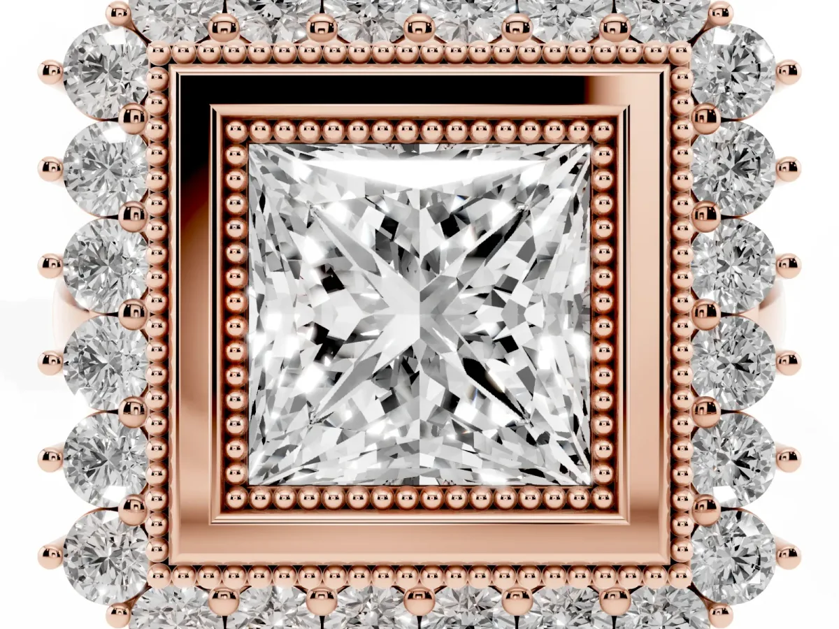 Princess Cut Halo Diamond Ring with Milgrain Edge and Round Prong Setting Rose gold