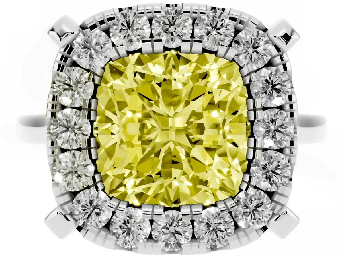 Fancy Yellow Cushion Cut Diamond Cluster Halo Solitaire with Four-Prong Setting Silver