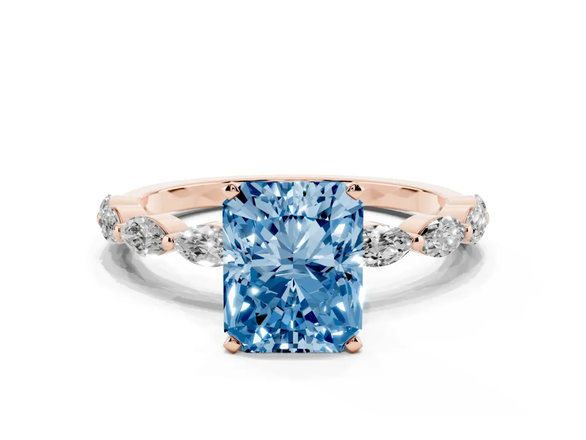 Fancy Blue Radiant Cut Diamond Ring with Marquise Side Stones and Prong Setting Rose gold