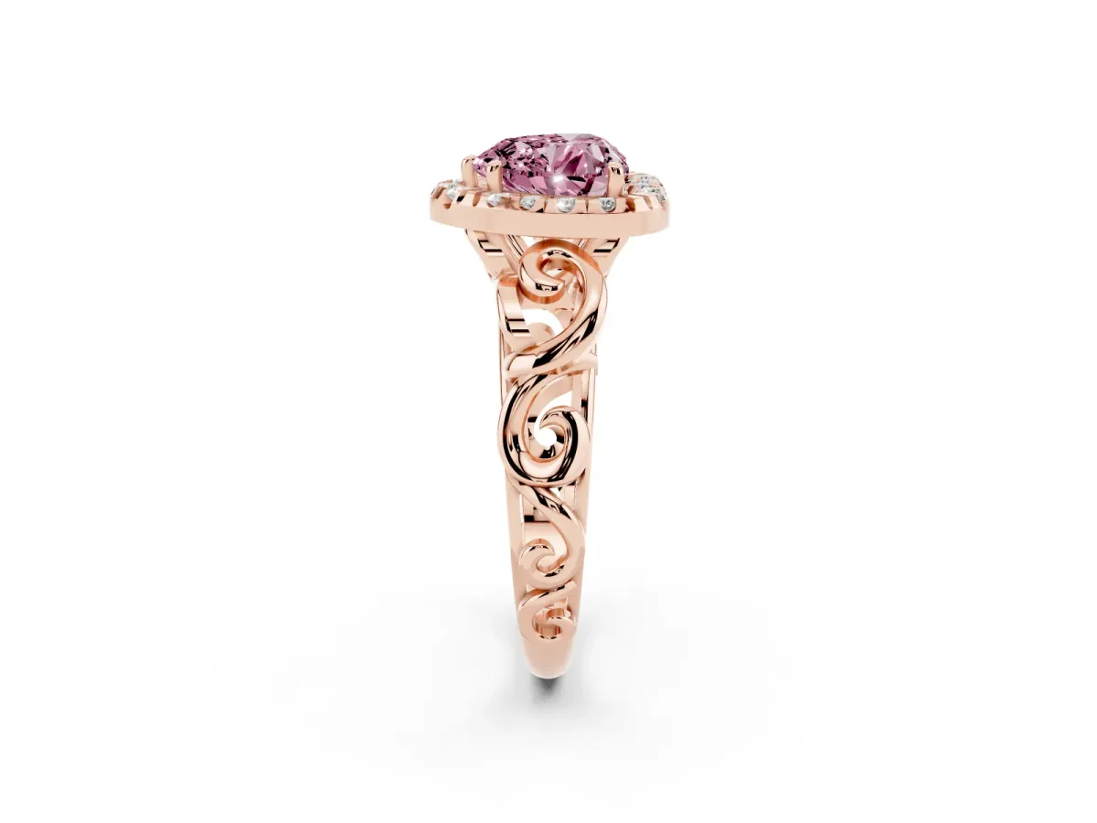 Fancy Pink Heart Cut Cut Halo Diamond Ring with Scrollwork Band and Four-Prong Setting Rose gold