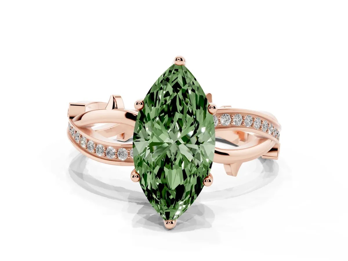 Fancy Green Marquise Cut Solitaire Twist Band with Pavé Accents and Four-Prong Setting Rose gold
