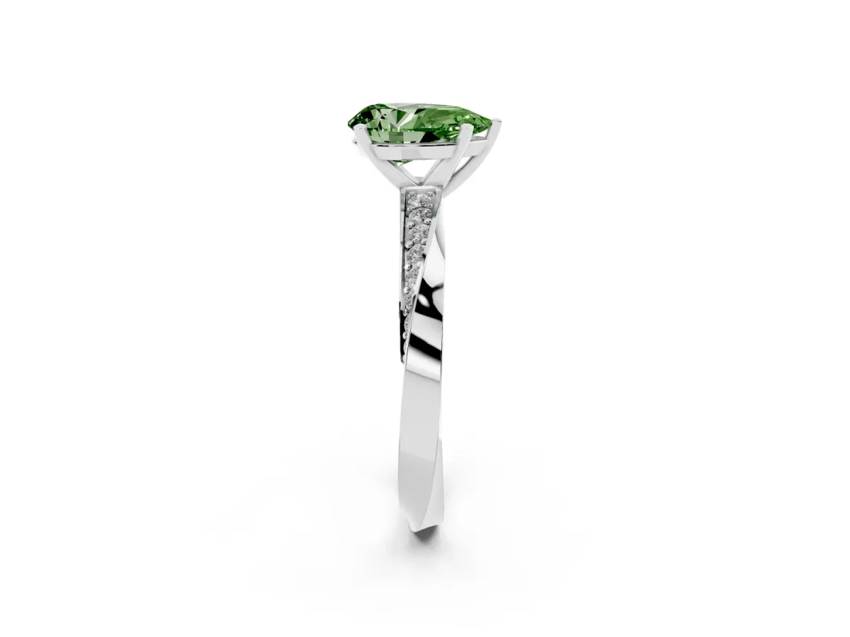 Fancy Green Pear Cut Diamond Engagement Ring with Side Stone Accents and Four-Prong Setting Platinum