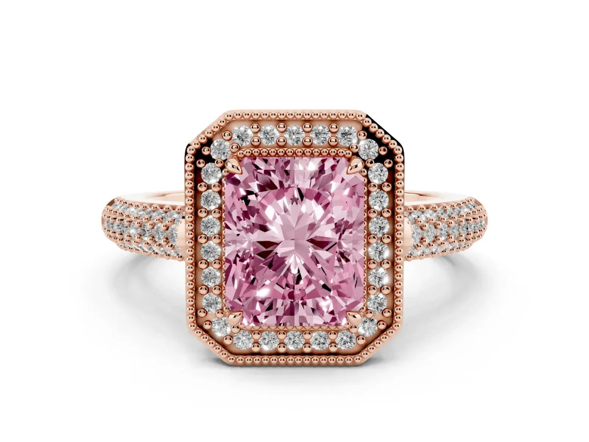 Fancy Pink Radiant Cut Cut Halo Diamond Pave Band with Four-Prong Setting Rose gold