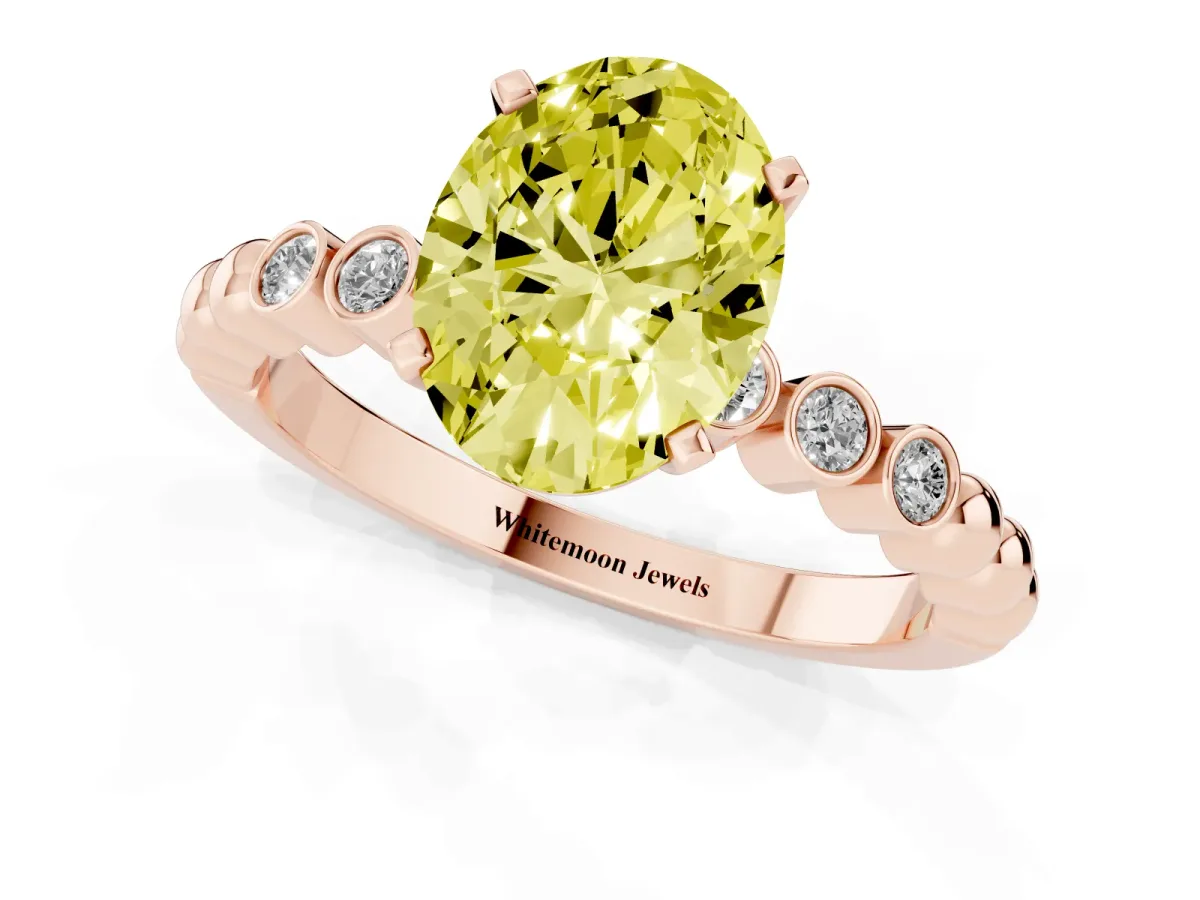 Fancy Yellow Oval Cut Solitaire Bezel Accent Diamond Engagement Ring with Beaded Band and Four-Prong Setting Rose gold