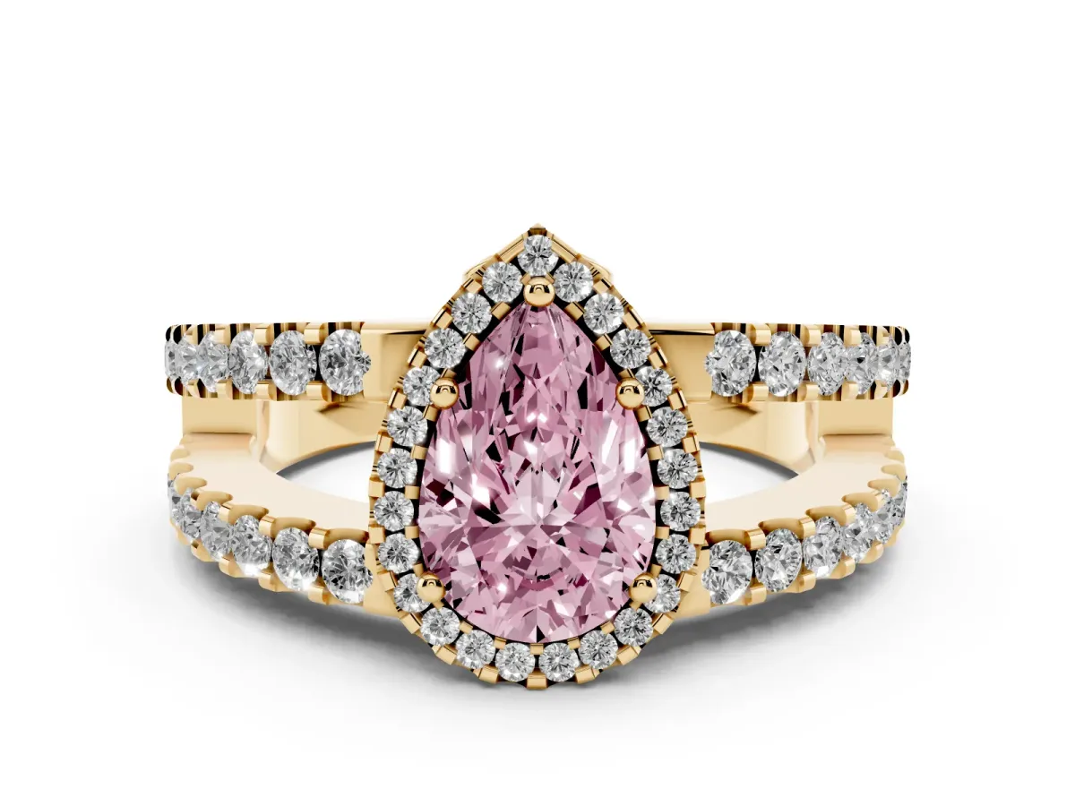 Fancy Pink Pear Cut Cut Halo Split Shank Diamond Ring with Four-Prong Setting Yellow gold