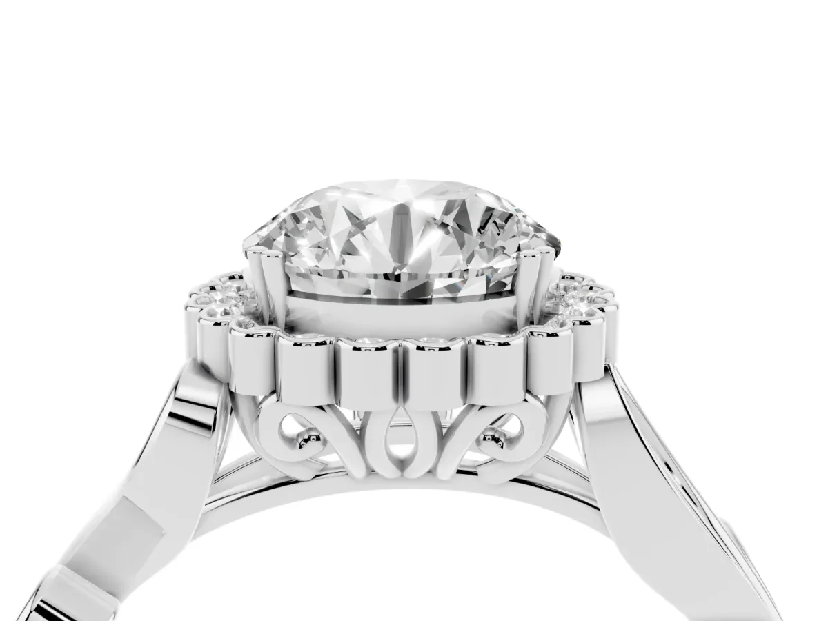 Round Cut Diamond Halo Ring with Vintage Split Shank and Four-Prong Setting Platinum
