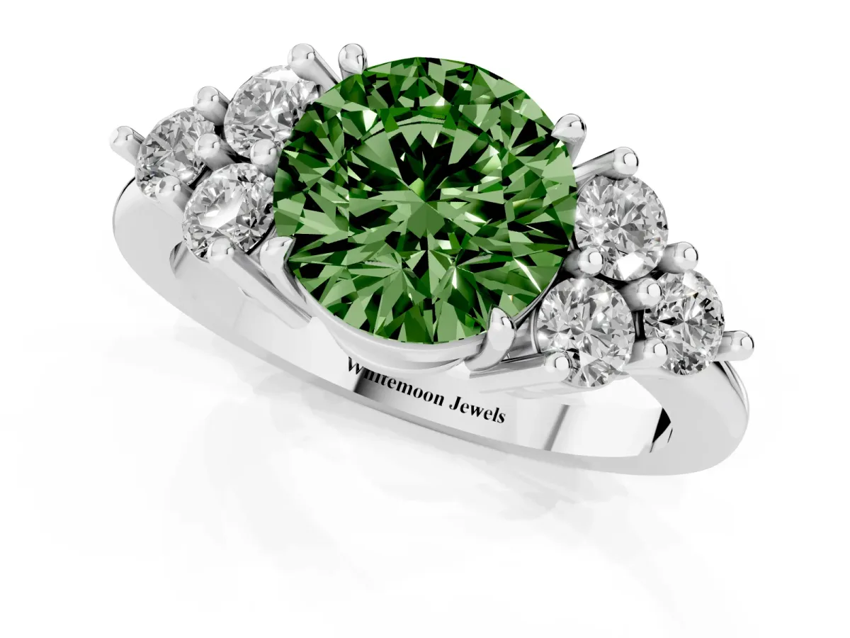 Fancy Green Round Cut Brilliant Diamond Cluster Accent Solitaire Ring with Prong Setting Silver