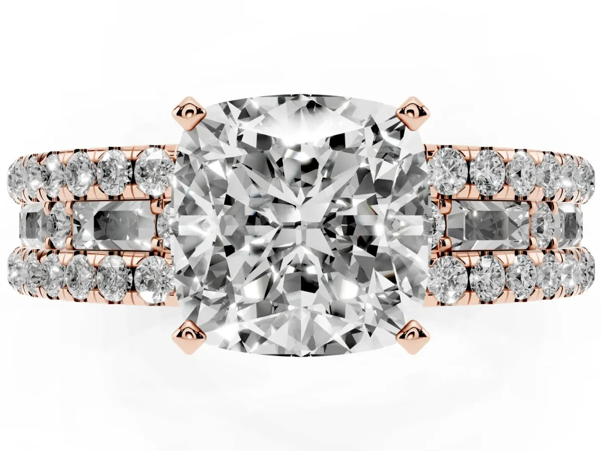 Cushion Cut Diamond Solitaire Ring with Pavé and Channel Set Band Rose gold